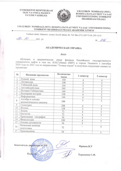 Пример Академическая справка Лицей